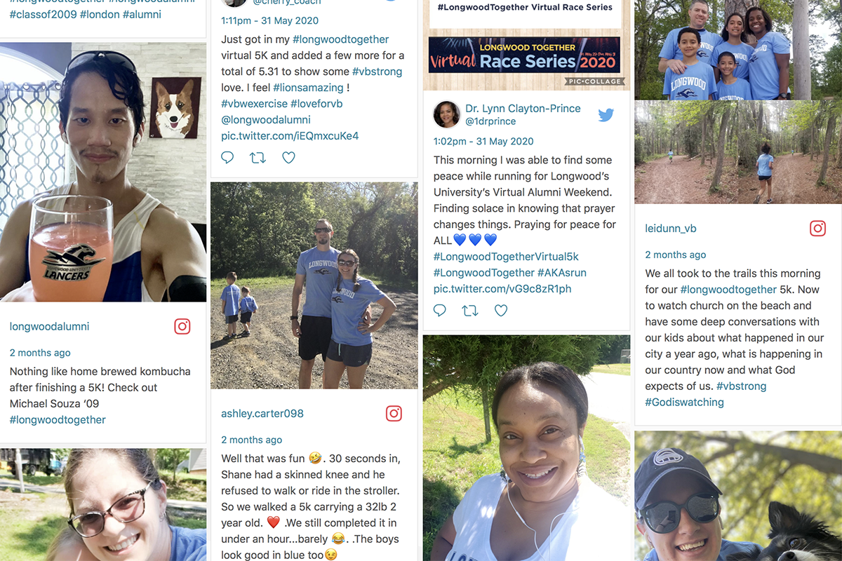 The Tagboard for Virtual Alumni Weekend includes nearly 100 posts from alumni, faculty, staff, friends and current and prospective students showing off their race times, their commemorative T-shirts and their Longwood spirit.