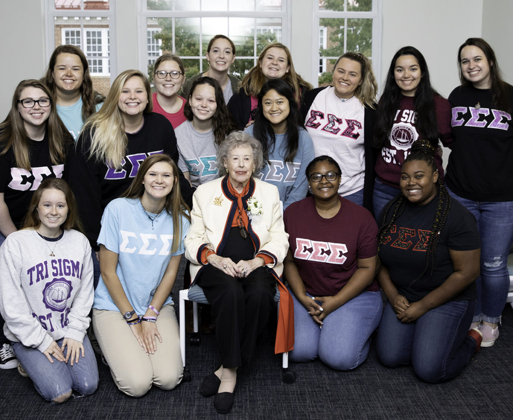 Elsie Upchurch ’43 had a special bond with her sorority, Sigma Sigma Sigma. She met with current student members when she was on campus for the opening of the Upchurch University Center in 2018.